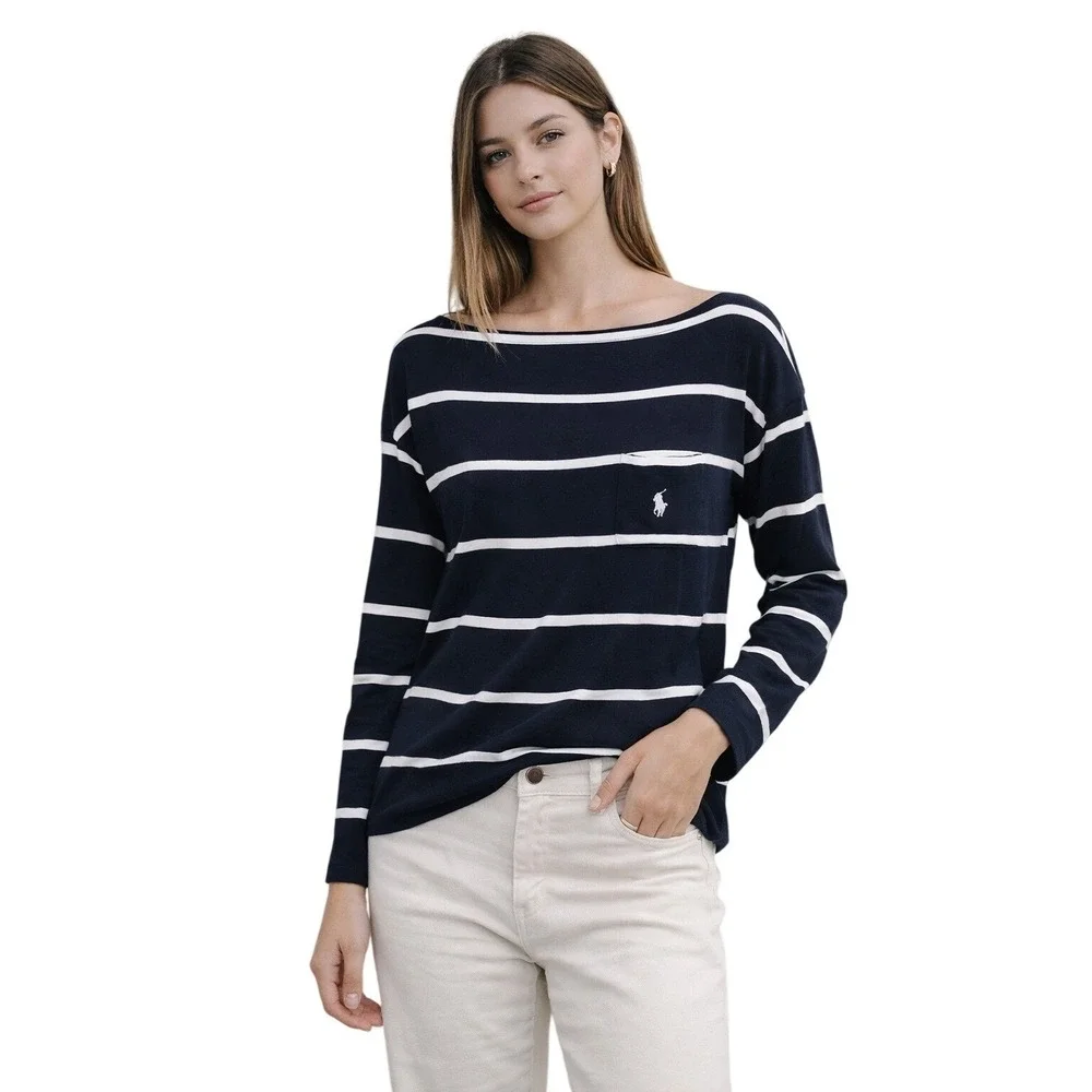 POLO RALPH LAUREN Boatneck Stripe Top Navy White Nautical Fishermancore L - Picture 1 of 7